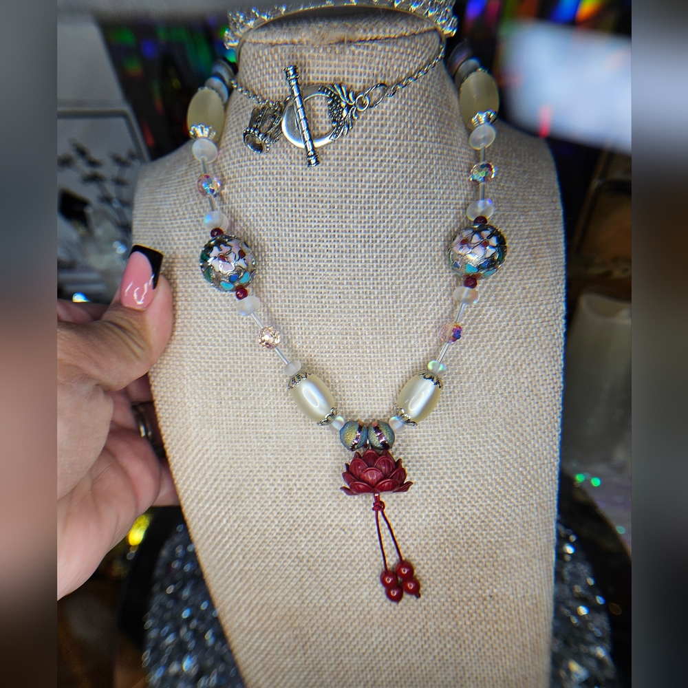 SOLD-Artisan Quadruple Threat Cloisonne, Cinnabar, & Moonglow, w/ Rubies -  Set - Picture 8 of 11
